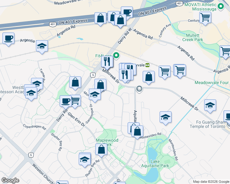 map of restaurants, bars, coffee shops, grocery stores, and more near 6935 Estoril Road in Mississauga