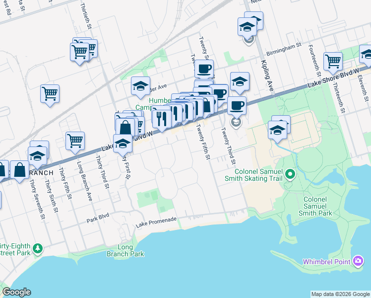 map of restaurants, bars, coffee shops, grocery stores, and more near 100 Twenty Seventh Street in Toronto