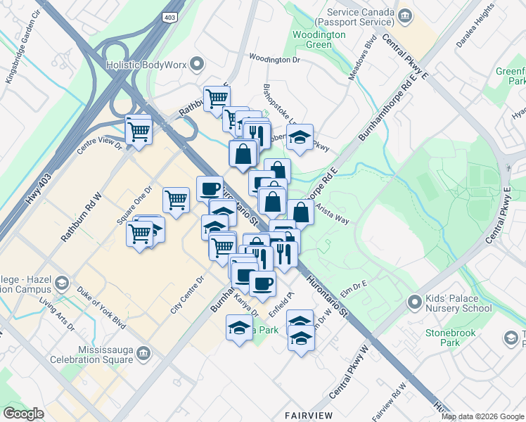map of restaurants, bars, coffee shops, grocery stores, and more near 50 Absolute Avenue in Mississauga