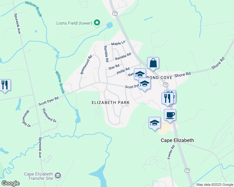 map of restaurants, bars, coffee shops, grocery stores, and more near 17 Orchard Road in Cape Elizabeth