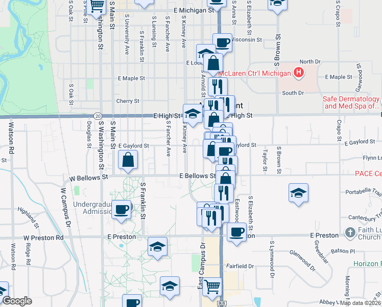 map of restaurants, bars, coffee shops, grocery stores, and more near 1010 South Arnold Street in Mount Pleasant