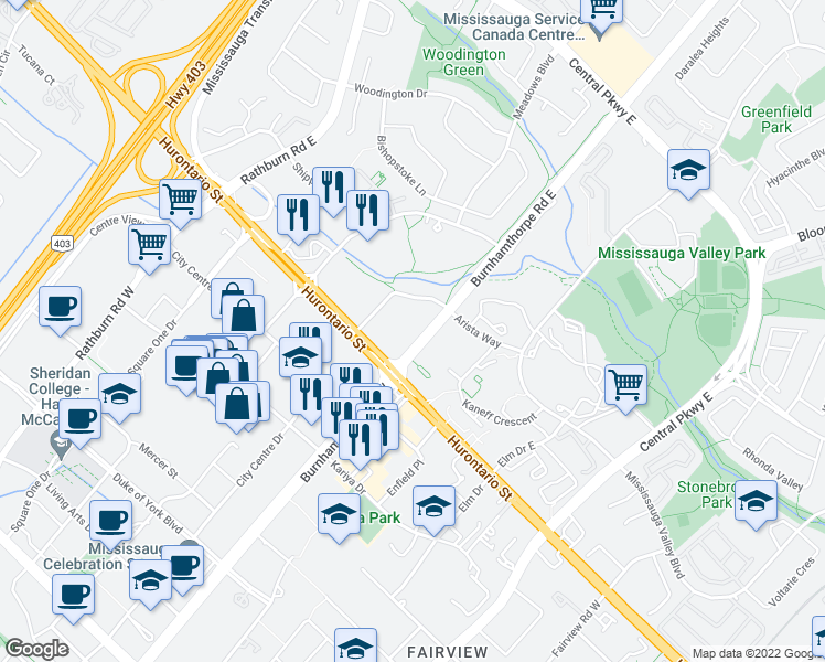 map of restaurants, bars, coffee shops, grocery stores, and more near in Mississauga