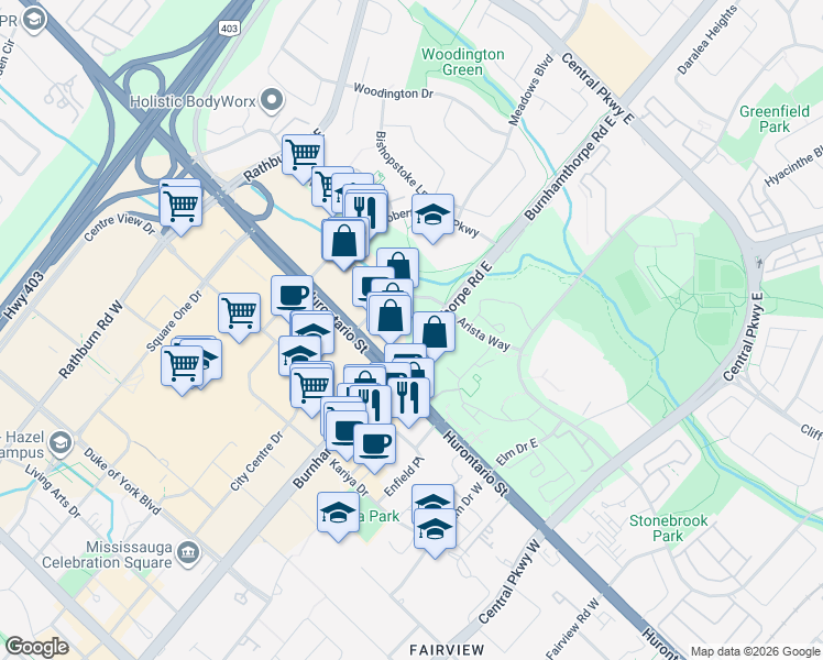 map of restaurants, bars, coffee shops, grocery stores, and more near 70 Absolute Avenue in Mississauga