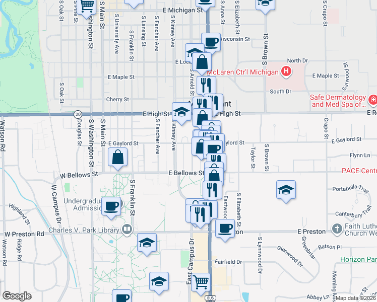 map of restaurants, bars, coffee shops, grocery stores, and more near 1010 South Arnold Street in Mount Pleasant