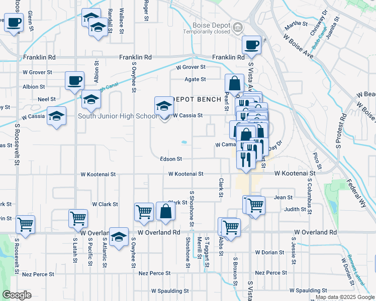 map of restaurants, bars, coffee shops, grocery stores, and more near 1012 South Shoshone Street in Boise