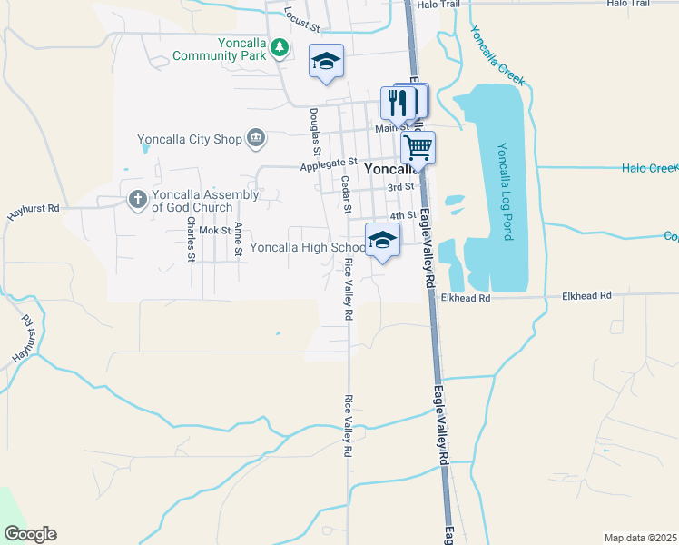 map of restaurants, bars, coffee shops, grocery stores, and more near 759 Douglas Street in Yoncalla