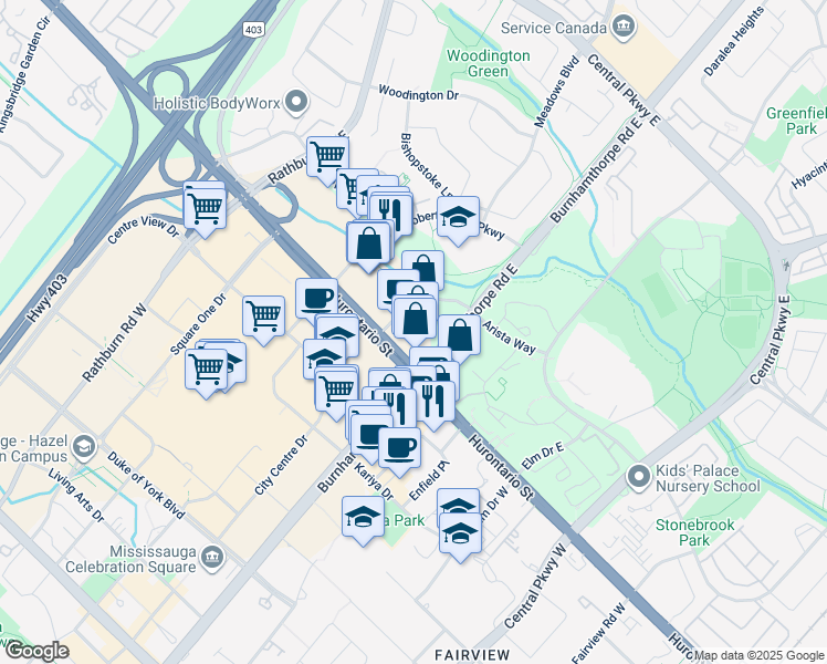 map of restaurants, bars, coffee shops, grocery stores, and more near 50 Absolute Avenue in Mississauga
