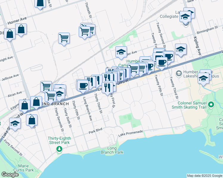 map of restaurants, bars, coffee shops, grocery stores, and more near 3473b Lake Shore Boulevard West in Toronto