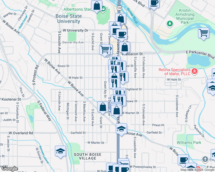 map of restaurants, bars, coffee shops, grocery stores, and more near 1017 West Highland Street in Boise