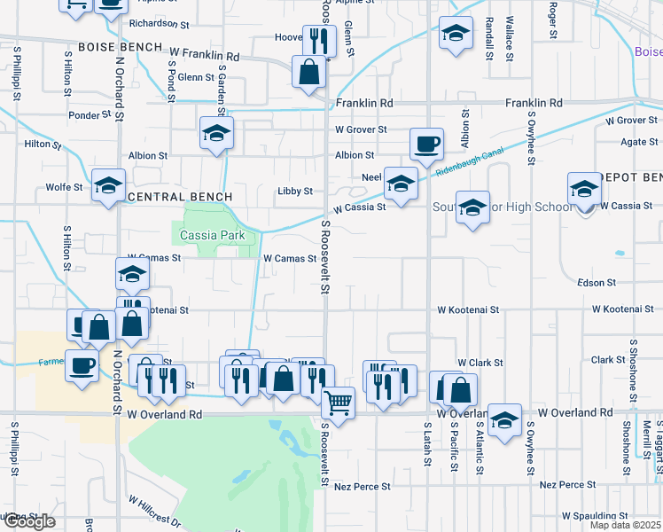 map of restaurants, bars, coffee shops, grocery stores, and more near 1013 South Roosevelt Street in Boise
