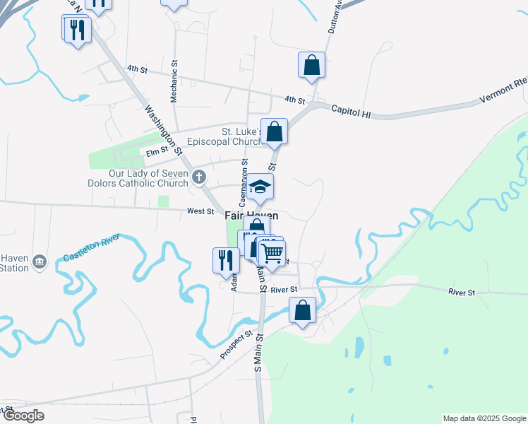 map of restaurants, bars, coffee shops, grocery stores, and more near 103 North Main Street in Fair Haven