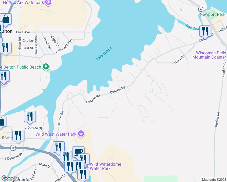 map of restaurants, bars, coffee shops, grocery stores, and more near 851 Canyon Road in Wisconsin Dells