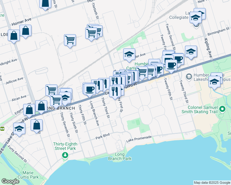 map of restaurants, bars, coffee shops, grocery stores, and more near 3473b Lake Shore Boulevard West in Toronto