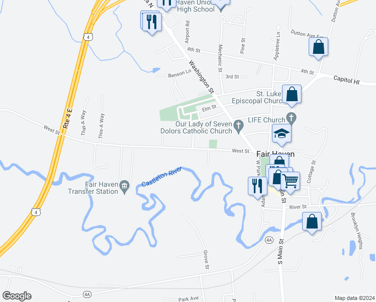 map of restaurants, bars, coffee shops, grocery stores, and more near 40 West Street in Fair Haven