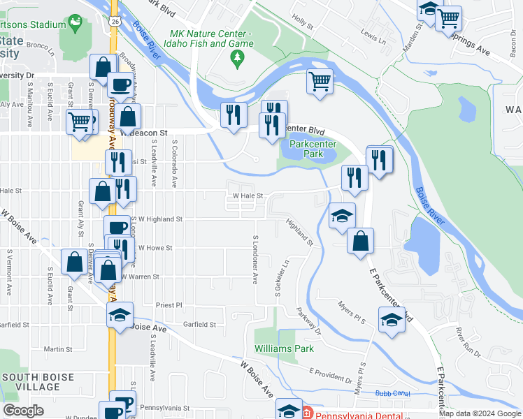 map of restaurants, bars, coffee shops, grocery stores, and more near 300 West Mallard Drive in Boise