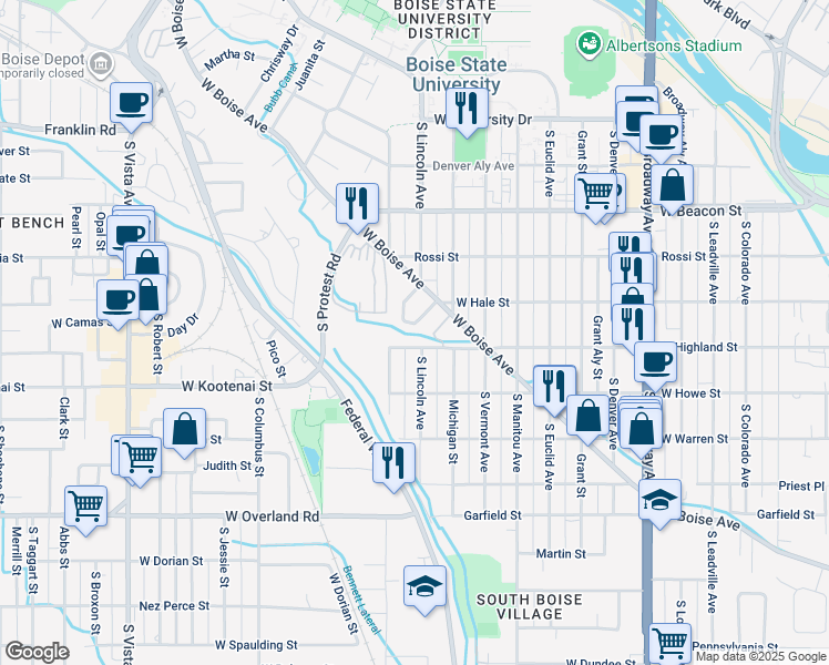 map of restaurants, bars, coffee shops, grocery stores, and more near 1617 West Highland Street in Boise