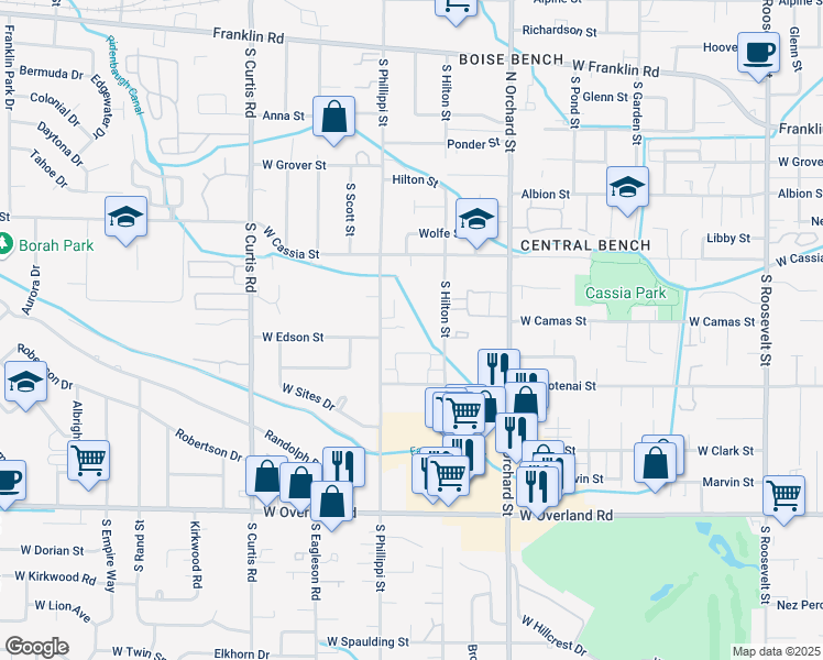 map of restaurants, bars, coffee shops, grocery stores, and more near 5258 West Kootenai Street in Boise
