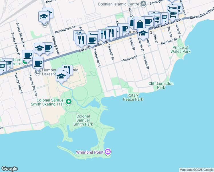map of restaurants, bars, coffee shops, grocery stores, and more near 200 Lake Shore Drive in Toronto