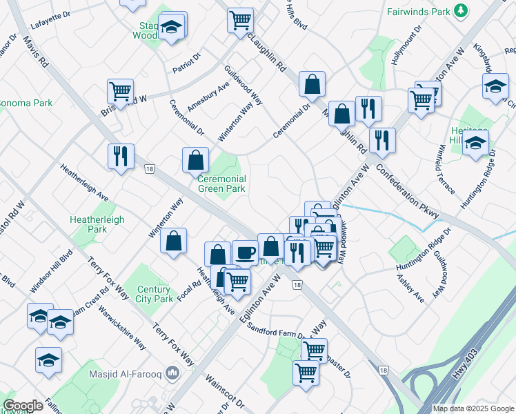 map of restaurants, bars, coffee shops, grocery stores, and more near 5095 Sunray Drive in Mississauga