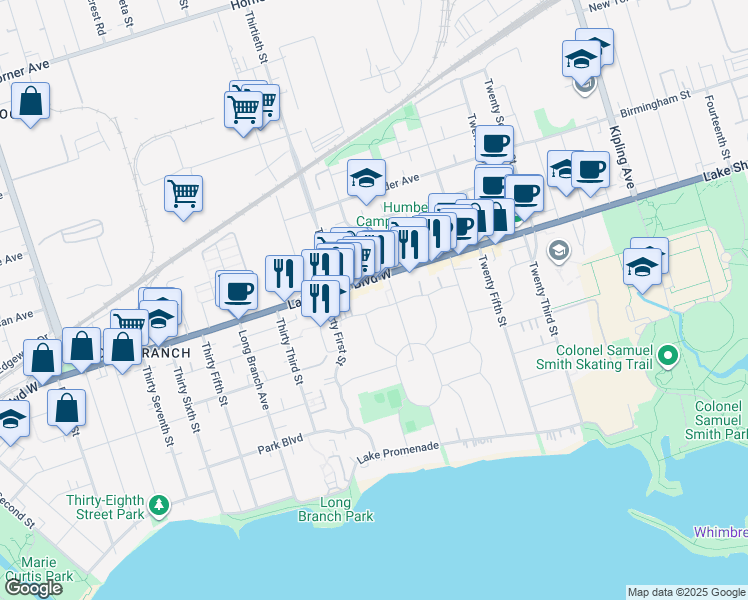 map of restaurants, bars, coffee shops, grocery stores, and more near 62 Ash Crescent in Toronto