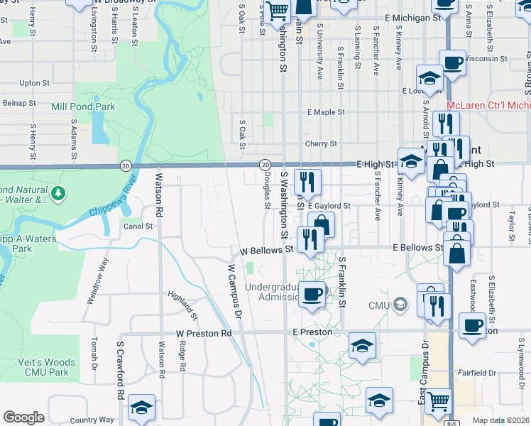 map of restaurants, bars, coffee shops, grocery stores, and more near 1005 Douglas Street in Mount Pleasant