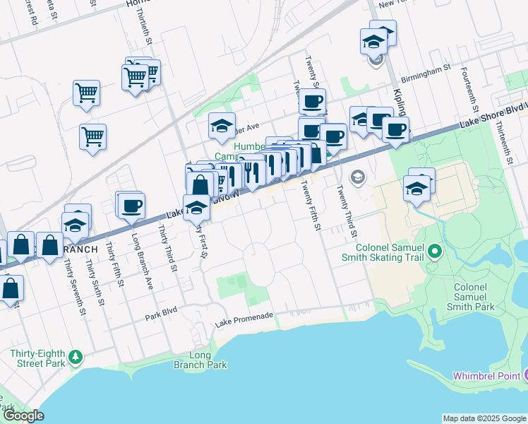 map of restaurants, bars, coffee shops, grocery stores, and more near 25 Ash Crescent in Toronto