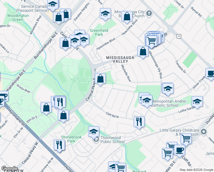map of restaurants, bars, coffee shops, grocery stores, and more near 3395 Cliff Road North in Mississauga