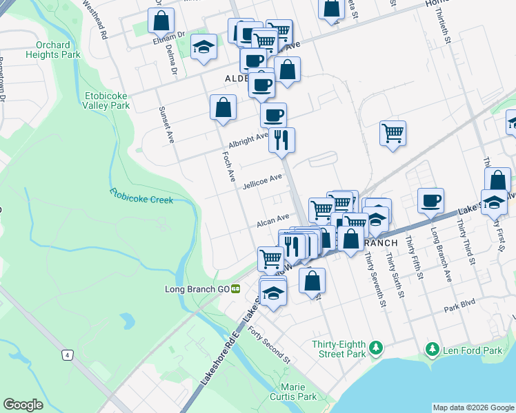 map of restaurants, bars, coffee shops, grocery stores, and more near 38 Lloyd George Avenue in Toronto