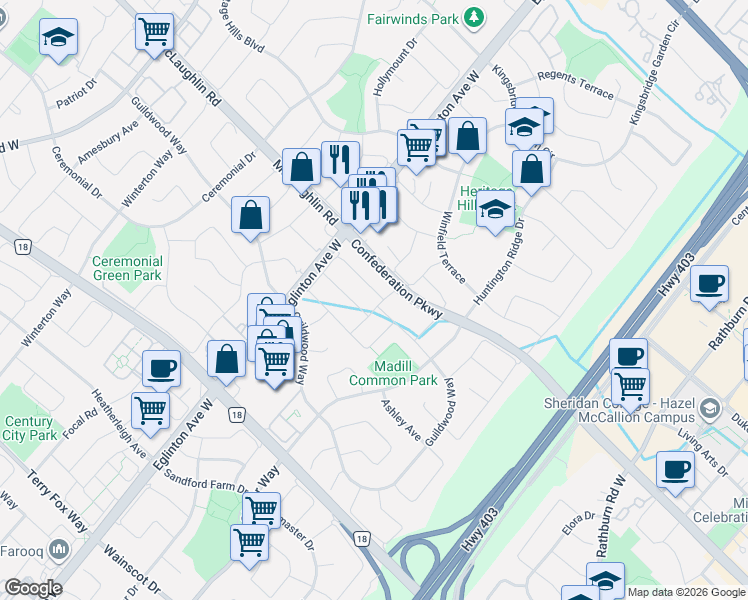 map of restaurants, bars, coffee shops, grocery stores, and more near 4727 Centretown Way in Mississauga