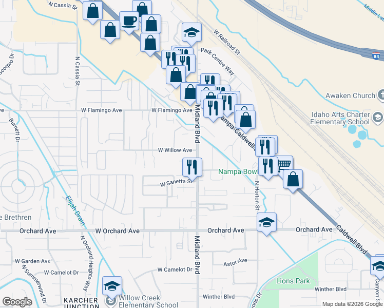 map of restaurants, bars, coffee shops, grocery stores, and more near 1117 North Midland Boulevard in Nampa