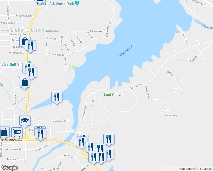 map of restaurants, bars, coffee shops, grocery stores, and more near 698 Lake View Court in Wisconsin Dells