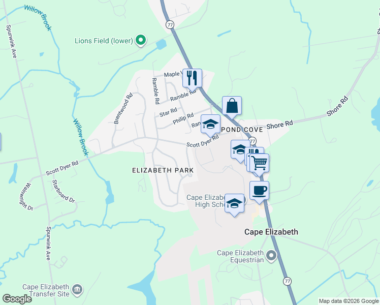 map of restaurants, bars, coffee shops, grocery stores, and more near 10 Farm Hill Road in Cape Elizabeth