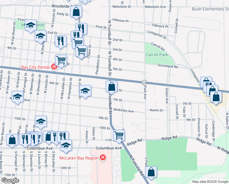 map of restaurants, bars, coffee shops, grocery stores, and more near 2105 7th Street in Bay City