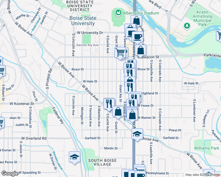 map of restaurants, bars, coffee shops, grocery stores, and more near 1325 West Highland Street in Boise