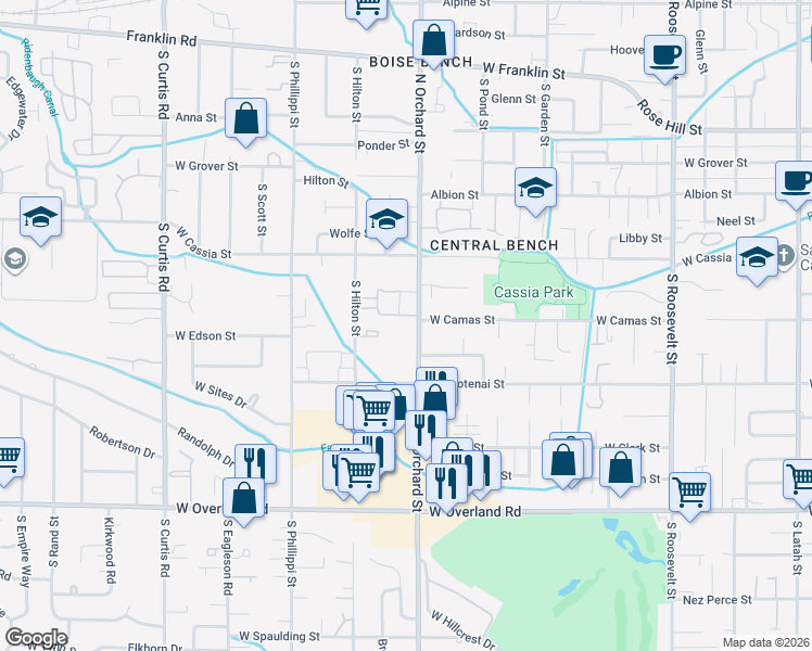 map of restaurants, bars, coffee shops, grocery stores, and more near 1001 South Orchard Street in Boise