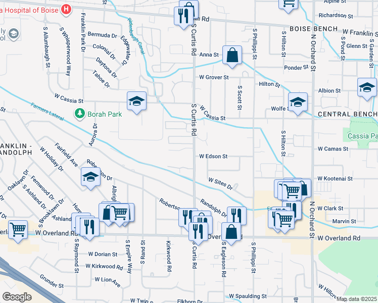map of restaurants, bars, coffee shops, grocery stores, and more near 5866 Kootenai Lane in Boise