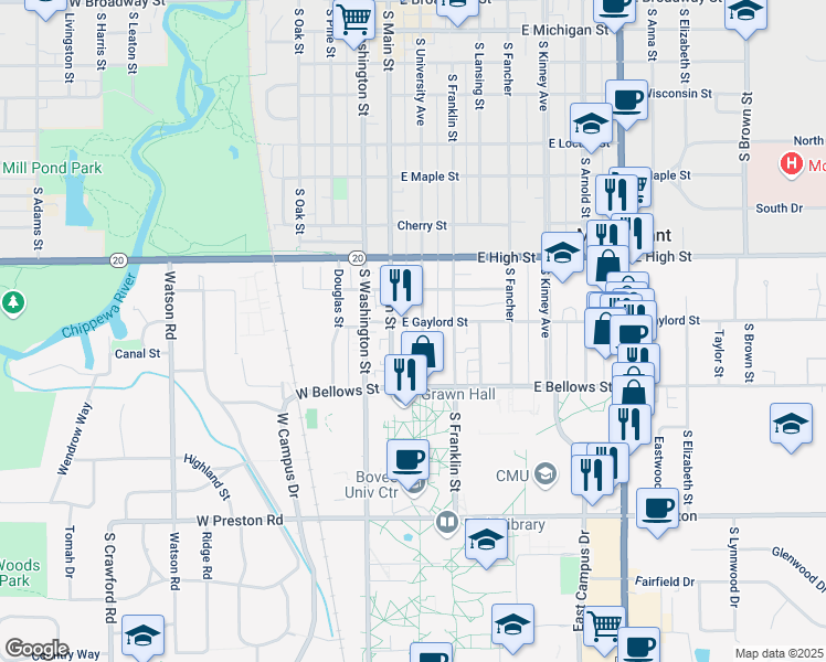 map of restaurants, bars, coffee shops, grocery stores, and more near 1016 South University Avenue in Mount Pleasant