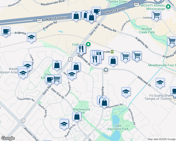 map of restaurants, bars, coffee shops, grocery stores, and more near 6951 Estoril Road in Mississauga