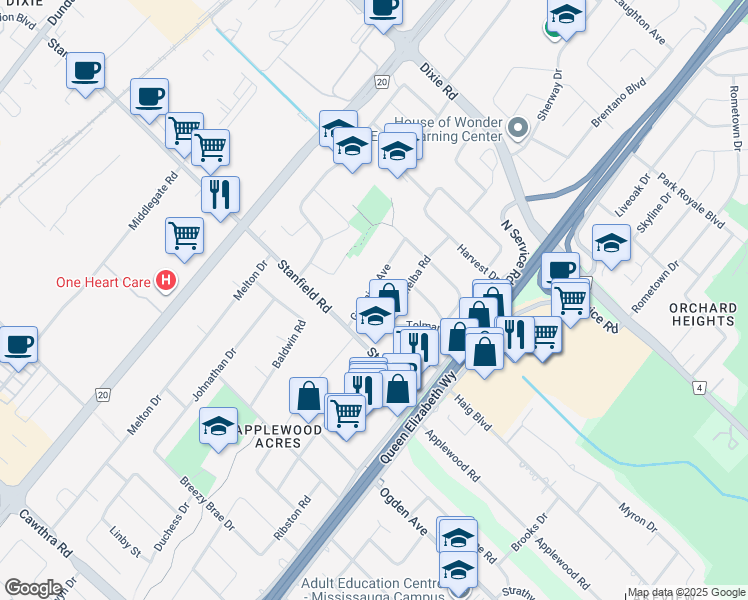 map of restaurants, bars, coffee shops, grocery stores, and more near 1160 Greening Avenue in Mississauga