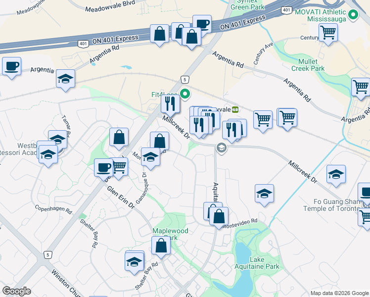 map of restaurants, bars, coffee shops, grocery stores, and more near 6951 Estoril Road in Mississauga