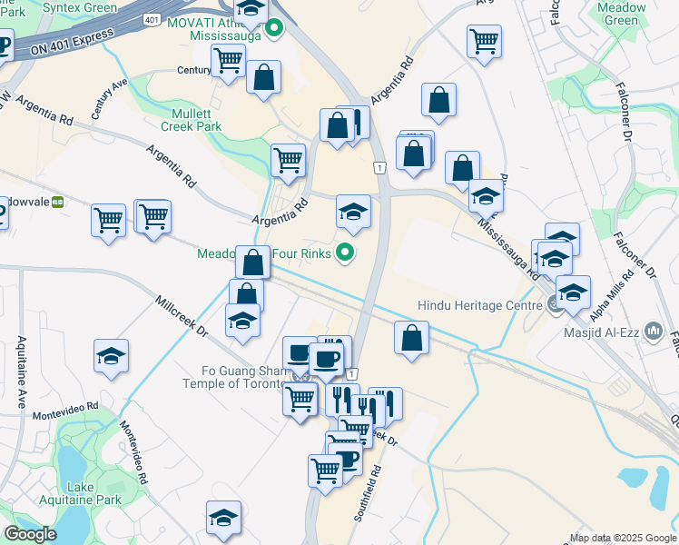 map of restaurants, bars, coffee shops, grocery stores, and more near 2160 Torquay Mews in Mississauga