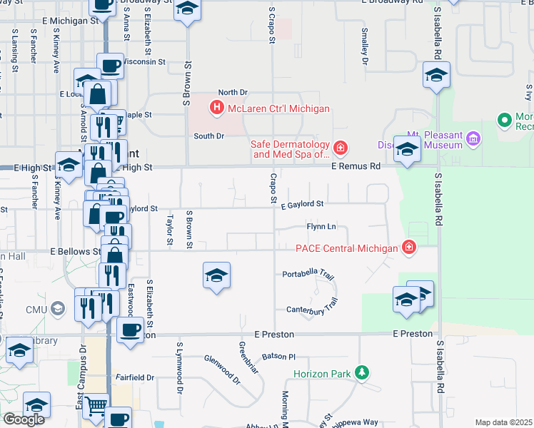 map of restaurants, bars, coffee shops, grocery stores, and more near 1434 East Gaylord Street in Mount Pleasant