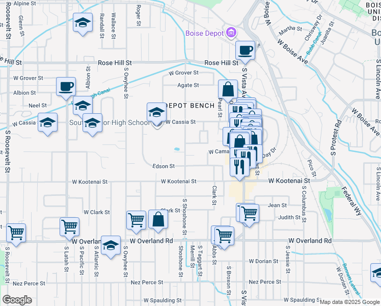 map of restaurants, bars, coffee shops, grocery stores, and more near 1012 South Shoshone Street in Boise