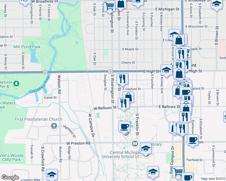 map of restaurants, bars, coffee shops, grocery stores, and more near 1016 South Main Street in Mount Pleasant