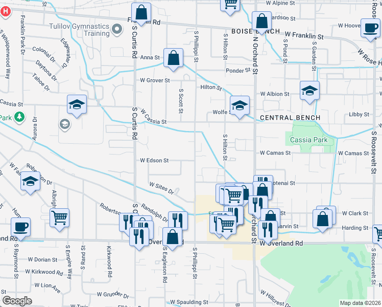 map of restaurants, bars, coffee shops, grocery stores, and more near 1100 South Phillippi Street in Boise