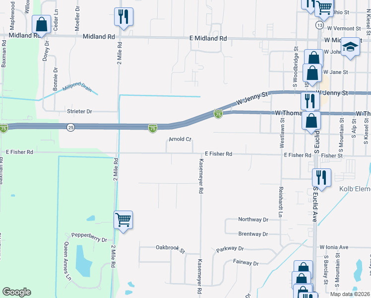 map of restaurants, bars, coffee shops, grocery stores, and more near 3190 East Fisher Road in Bay City
