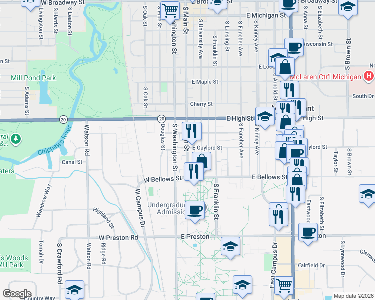 map of restaurants, bars, coffee shops, grocery stores, and more near 1016 South Main Street in Mount Pleasant