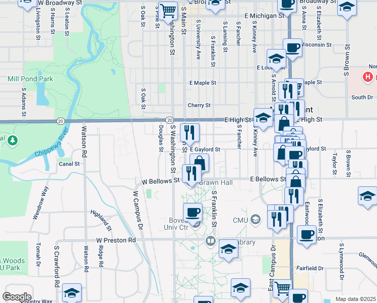 map of restaurants, bars, coffee shops, grocery stores, and more near 1016 South University Avenue in Mount Pleasant