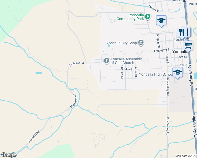 map of restaurants, bars, coffee shops, grocery stores, and more near 601 Westlog Street in Yoncalla