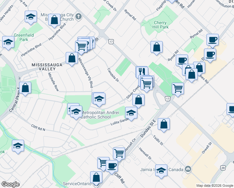 map of restaurants, bars, coffee shops, grocery stores, and more near 3243 Gwendale Crescent in Mississauga